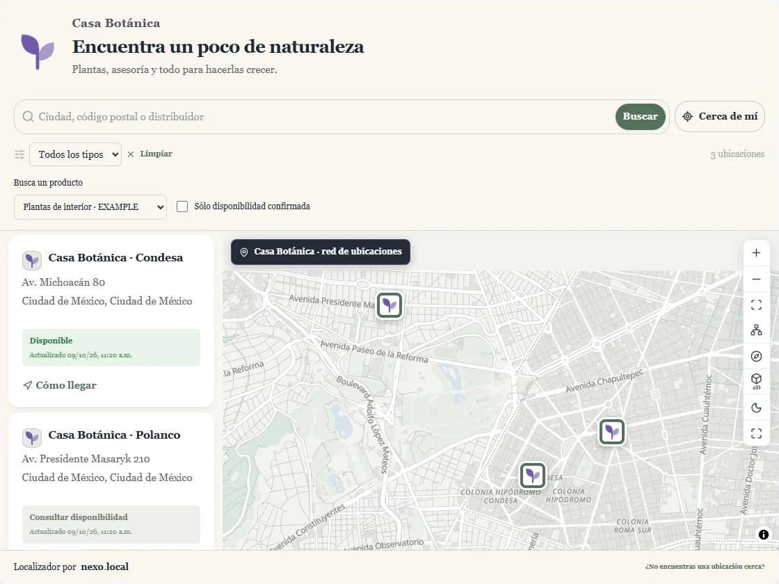 Casa Botánica con tipografía serif, tarjetas claras y redondeadas y mapa ilustrado de calles reales