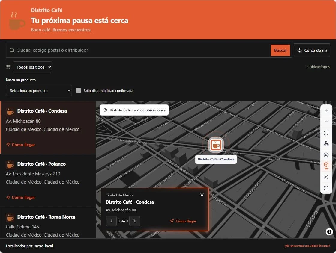 Localizador Kromaps personalizado para Distrito Café, con datos de ejemplo y mapa en grises