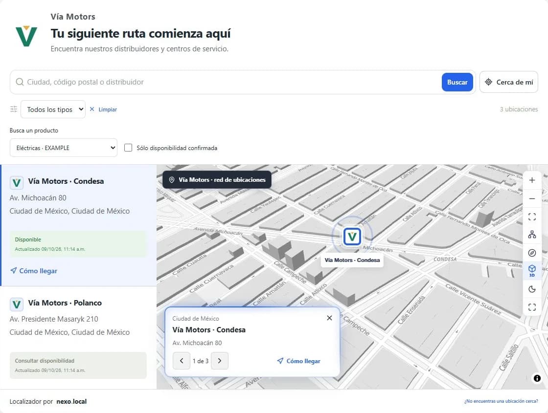 Localizador de tiendas Kromaps con mapa 3D y sucursales de Vía Motors, marca de ejemplo